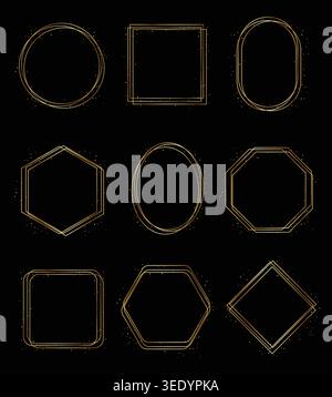 Eleganti cornici geometriche dorate con linee sottili e lussuose e sottili dettagli glitterati. La collezione include cerchio, quadrato, ovale, esagonale e ottagono Illustrazione Vettoriale