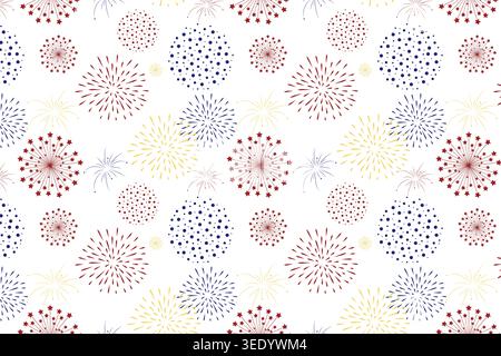 Fuochi d'artificio festivi, con esplosioni rosse, blu navy e oro e stelle su sfondo bianco, adatto per il 4 luglio Ind Foto Stock