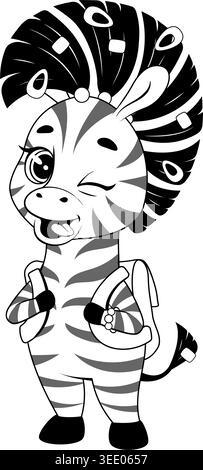 libro da colorare, simpatico studente zebra con lo zaino, posa allegra, contorno Illustrazione Vettoriale