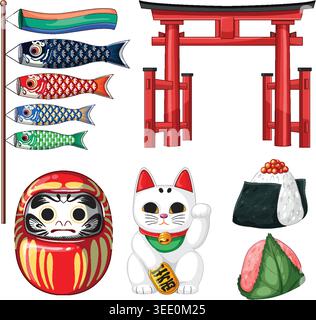 Illustrazione vettoriale colorata di icone giapponesi, tra cui torii gate, koinobori, daruma e maneki-neko Illustrazione Vettoriale