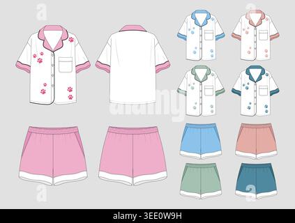 Pigiama camicia e pantaloncini modello di disegno tecnico per il Fashion Design e la produzione. Illustrazione Vettoriale