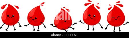 Carini personaggi a goccia di sangue dei cartoni animati. Concetto di donazione di sangue per la salute medica dei bambini. Gocce di sangue con i gruppi sanguigni, rosso gruppi sanguigni comuni. Illustrazione Vettoriale