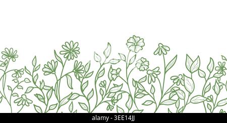 Fiori primaverili e ramoscelli con foglie, bordo orizzontale senza cuciture. Illustrazione vettoriale. Lo schizzo dei fiori del prato estivo è disegnato a mano, isolato Illustrazione Vettoriale
