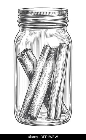 Un'elegante e classica illustrazione di un vaso di vetro alto contenente bastoncini di cannella. Questa versatile risorsa vettoriale è ideale per i Illustrazione Vettoriale