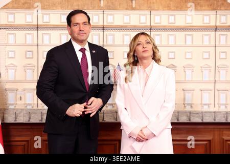 Roma, 8 maggio 2026: Il primo Ministro Giorgia Meloni riceve il Segretario di Stato americano Marco Rubio a Palazzo Chigi, incontro a Roma successivo Foto Stock