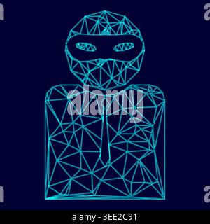 L'uomo in incognito in una maschera a bassa triangolazione poligonale elettrica triangolata blu ciano brillante colore acquaone neon immagine di illustrazione Illustrazione Vettoriale