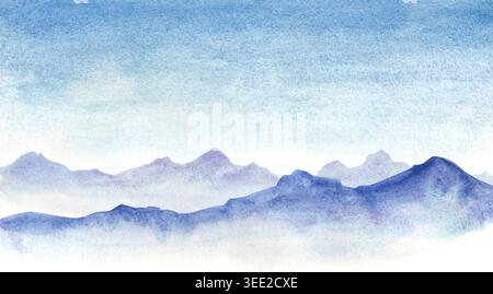 Un sereno e suggestivo dipinto ad acquerello di un paesaggio montano blu avvolto dalla nebbia. Molteplici strati di catene montuose in sfumature di indaco Foto Stock
