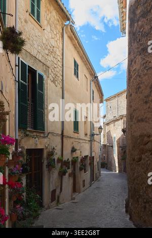 Vicolo panoramico e stretto in un tradizionale villaggio mediterraneo caratterizzato da antichi edifici in pietra con persiane verdi e vivaci vasi di fiori sotto un br Foto Stock