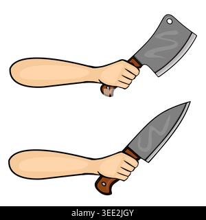 Set di due mani che reggono coltelli da cucina affilati, illustrazione vettoriale Illustrazione Vettoriale