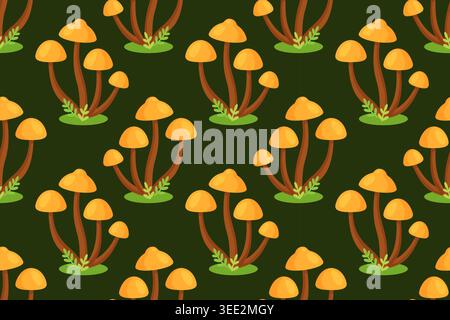 Motivo senza cuciture con gruppi di funghi gialli al miele su sfondo verde scuro. I funghi della foresta autunnali ripetono la consistenza. Cartoni animati dallo stile piatto, perfetto per i tessuti autunnali e l'arredamento della cucina. Illustrazione Vettoriale