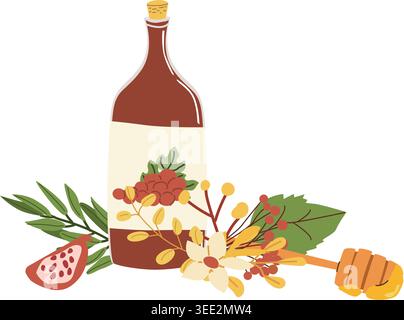 Bottiglia di vino decorata con foglie autunnali e cucchiaio di miele. Elegante composizione stagionale per la celebrazione di Rosh Hashanah con un caldo umore di raccolta. Illustrazione Vettoriale