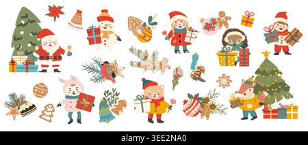 Simpatici animali del bosco in abiti invernali in cartoni animati retrò. Elementi natalizi per adesivi per le vacanze invernali. Illustrazione vettoriale piatta con albero chrismas, Illustrazione Vettoriale