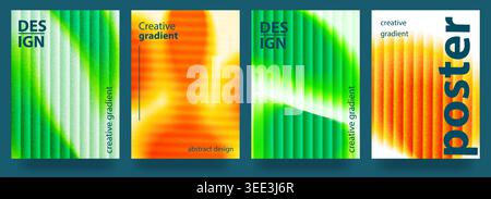 Una serie di poster astratti con sfumature e texture in vetro a coste, onde colorate e un design moderno. Sfondo sfocato. Adatto per bellezza, fash Illustrazione Vettoriale