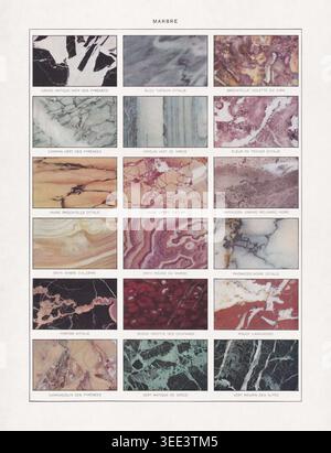 Illustrazione a colori a mezzaluna sulla petrologia (lo studio delle rocce) che descrive varietà di marmo tratte da un vecchio dizionario francese. Foto Stock