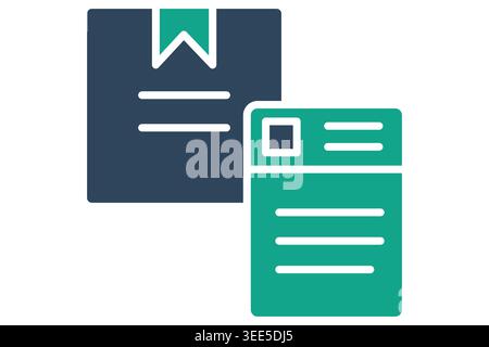 Icona a tinta unita dell'etichetta di spedizione. Icona di un documento di etichetta di spedizione accanto a una scatola di spedizione, che simboleggia l'identificazione della confezione, le informazioni di tracciamento e i loghi Illustrazione Vettoriale