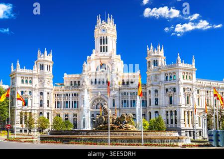 Madrid, Spagna. Consiglio comunale di Madrid in Palazzo Cibeles vista panoramica dell'architettura, capitale della Spagna Foto Stock