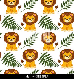 Motivo senza cuccioli di leone cartoni animati e vettore di foglie tropicali Illustrazione Vettoriale