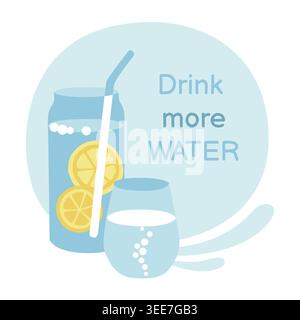 Bevi più striscione acqua disegnato a mano con un bicchiere di acqua pura con fette di limone per progetti sanitari, medici o sportivi Illustrazione Vettoriale