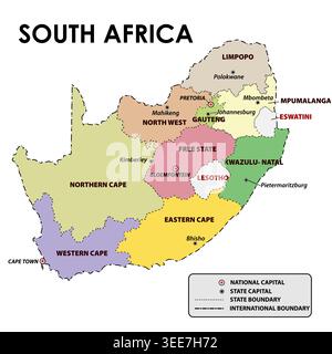 Illustrazione vettoriale della mappa vettoriale dettagliata del Sudafrica con confini nazionali e design pulito su sfondo isolato, ideale per l'istruzione e ge Illustrazione Vettoriale