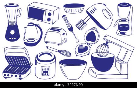 Set vettoriale disegnato a mano per elettrodomestici da cucina Illustrazione Vettoriale