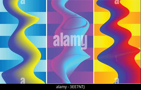 Linee ondulate astratte e vibranti con sfumature uniformi, con sfondi a scacchi a contrasto in colori brillanti e accattivanti, per creare un vi dinamico Illustrazione Vettoriale