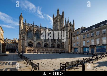 Mattina alla Bath Abbey, Bath, Inghilterra. Foto Stock