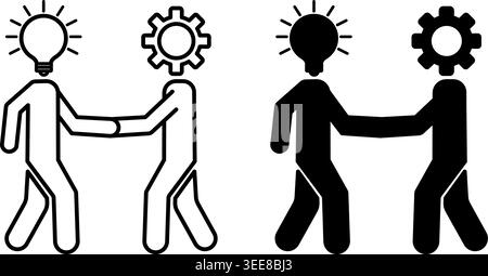 Icone di collaborazione. Icone di linea e vettore glifi. Due persone che stringono la mano. Lampadina e ingranaggio per fari abbaglianti. Affari, lavoro di squadra e acquisizione degli investitori. Illustrazione Vettoriale
