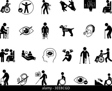 Set di icone di invalidità nere. Illustrazioni vettoriali sedia a rotelle, stampelle, cecità, sordità, linguaggio dei segni, inclusione, disturbi del linguaggio, malattie mentali Illustrazione Vettoriale