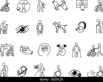 Set di icone invalidità. Illustrazioni vettoriali sedia a rotelle, stampelle, cecità, sordità, linguaggio dei segni, inclusione, disturbi della parola e altro ancora Illustrazione Vettoriale