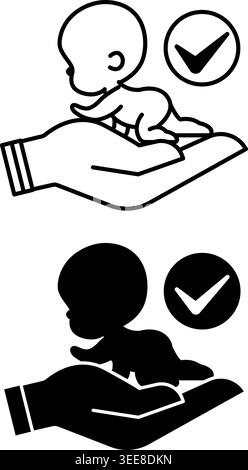 Icone di adozione. Illustrazione vettoriale in bianco e nero. Processo di adozione o accettazione di un bambino nella tua famiglia. Mano umana e bambino. Psicologia concettuale Illustrazione Vettoriale