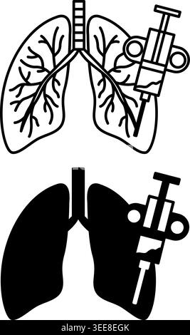 Icone polmone biopsia. Illustrazioni vettoriali in bianco e nero. Prelievo di un campione di tessuto dal polmone per la ricerca. Assunzione di tessuto con toracoscopio. Dise polmonare Illustrazione Vettoriale