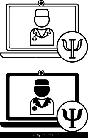 Icone di psicologo online. Illustrazioni vettoriali in bianco e nero. Consulenza psicologica paziente online. Medico, laptop, salute mentale. Psicologia con Illustrazione Vettoriale