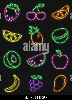 Colorate icone di frutta e bacche al neon illuminate su sfondo scuro Illustrazione Vettoriale
