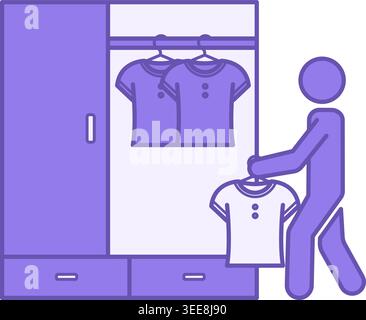 Icona guardaroba colorato. Illustrazione vettoriale. Uomo che porta fuori una nuova T-shirt da un armadio. Vestiti. Concetto di moda Illustrazione Vettoriale