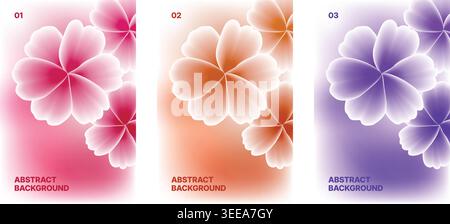 Set astratto di poster floreali dai colori brillanti con un vivace modello di sfondo rosa arancione e viola Illustrazione Vettoriale