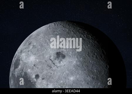 Primo piano dettagliato della superficie della Luna che mostra crateri e bacini lunari su uno sfondo scuro e stellato. Evidenziazione lunare ad alta risoluzione Foto Stock