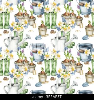 Acquerello da giardinaggio senza cuciture con vasi di fiori, lampadine, lattine da annaffiare, stivali di gomma e fiori primaverili. Illustrazione botanica ispirata alla pianta Foto Stock