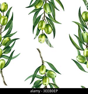 Motivo senza cuciture con rami di ulivo, frutta e foglie verdi. Illustrazione ad acquerello disegnata a mano. Perfetto per tessuti, etichette, stampe e decorazioni Foto Stock