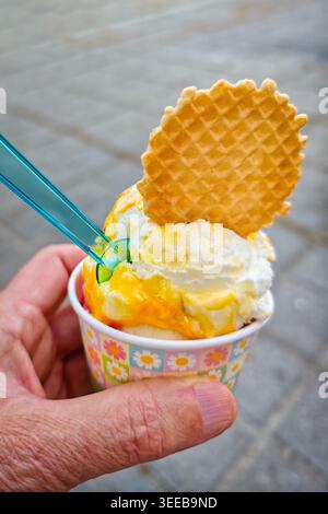 Gelato in vasca con biscotti e cucchiaio in una bancarella di cibo di strada in estate. Foto Stock