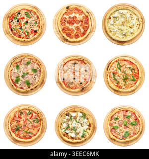 Collezione di pizze assortite con vari condimenti isolati su sfondo bianco. Vista dall'alto del fast food italiano, tra cui peperoni, formaggi, specialità di pesce Foto Stock