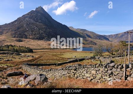 Vetta del Tryfan nella valle di Ogwen , Parco Nazionale di Eryri, fomally Snowdonia, Galles del Nord, Regno Unito. Foto Stock