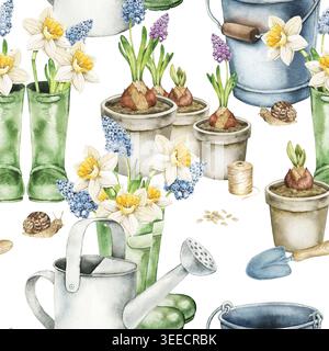 Acquerello da giardinaggio senza cuciture con vasi di fiori, lampadine, lattine da annaffiare, stivali di gomma e fiori primaverili. Illustrazione botanica ispirata alla pianta Foto Stock
