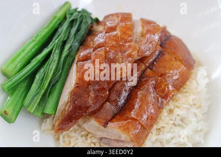Arrostire l'oca con riso e Hong Kong Chye SIM in un'area ristoro di Hong Kong Foto Stock