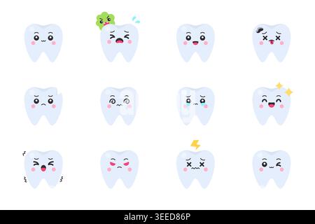 Set di simpatici personaggi dei cartoni animati con varie espressioni facciali su sfondo bianco Illustrazione Vettoriale