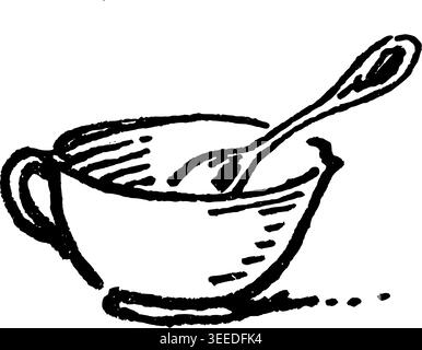 Recipiente di miscelazione disegnato a mano con disegno vettoriale a cucchiaio Illustrazione Vettoriale