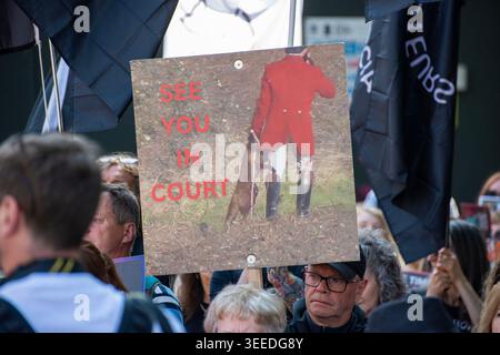 Londra, Greater London, Regno Unito. 9 maggio 2026. La caccia ai sentieri è destinata ad essere vietata in Inghilterra e Galles a seguito di un annuncio del governo del 26 marzo 2026, volto a chiudere le scappatoie nel Hunting Act 2004. Una consultazione pubblica di 12 settimane sul divieto, disponibile su Citizen Space, si chiude il 18 giugno 2026. Il divieto mira a proteggere la fauna selvatica e ad affrontare le rivendicazioni secondo cui la caccia ai sentieri funge da "cortina fumogena" per la caccia illegale. Attivisti per i diritti degli animali riuniti dall'edificio del Parlamento dal presentatore televisivo e naturalista inglese di Chris Packham e dal presentatore televisivo e zoologo Megan Foto Stock