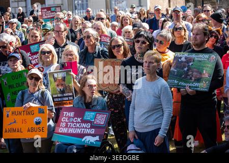 Londra, Greater London, Regno Unito. 9 maggio 2026. La caccia ai sentieri è destinata ad essere vietata in Inghilterra e Galles a seguito di un annuncio del governo del 26 marzo 2026, volto a chiudere le scappatoie nel Hunting Act 2004. Una consultazione pubblica di 12 settimane sul divieto, disponibile su Citizen Space, si chiude il 18 giugno 2026. Il divieto mira a proteggere la fauna selvatica e ad affrontare le rivendicazioni secondo cui la caccia ai sentieri funge da "cortina fumogena" per la caccia illegale. Attivisti per i diritti degli animali riuniti dall'edificio del Parlamento dal presentatore televisivo e naturalista inglese di Chris Packham e dal presentatore televisivo e zoologo Megan Foto Stock
