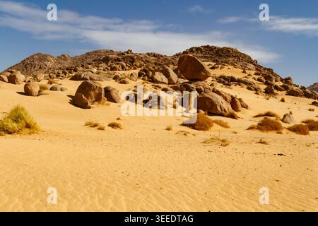 Un paesaggio del deserto del Sahara. Incredibili formazioni rocciose con grandi rocce arrotondate. Parco nazionale Tassili n'Ajjer, Algeria, Africa Foto Stock