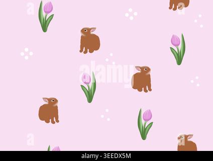 Coniglietto allo zenzero e tulipano rosa su motivo pasquale senza cuciture rosa, illustrazione primaverile Foto Stock