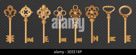 Chiavi vintage realistiche rivestite in oro con eleganti design ornamentali, dettagli metallizzati brillanti e forme classiche per sicurezza, chiusura e concetto di tesoro su sfondo trasparente Illustrazione Vettoriale